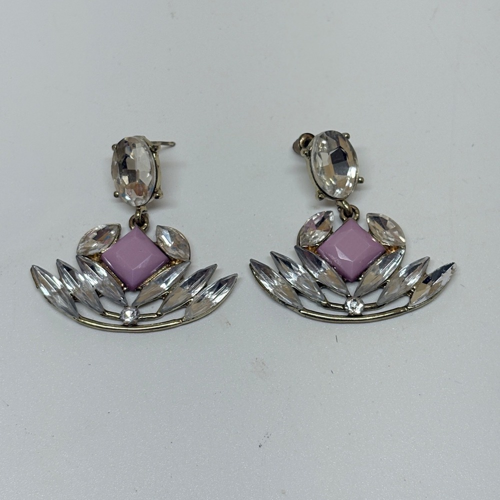 Gold Tone Purple and Clear Crystal Art Deco Fan Drop Statement Earrings